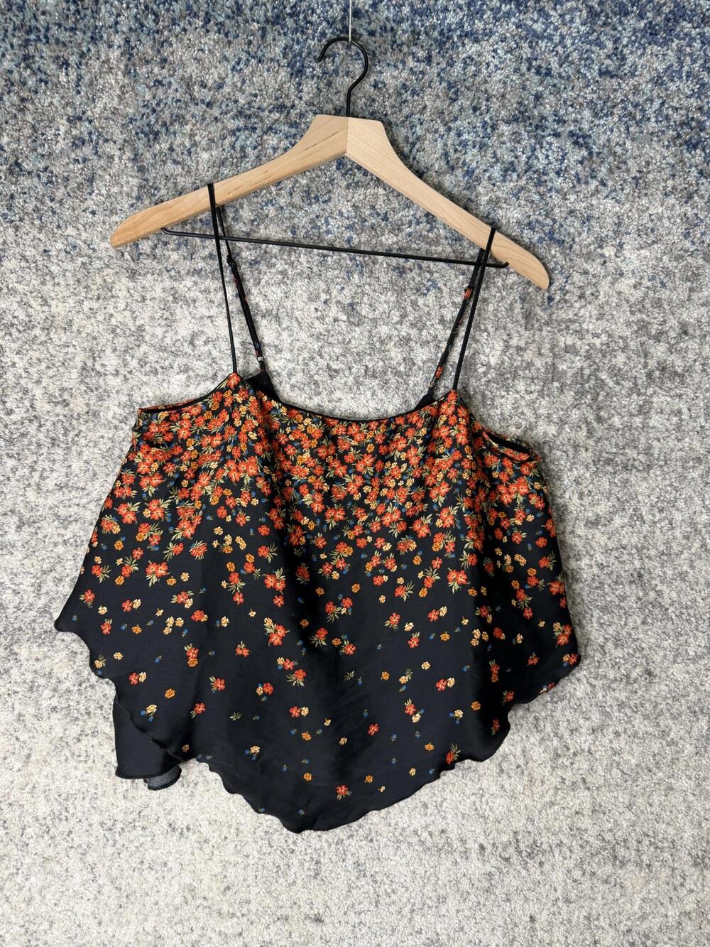 Free People Intimately Cami Top Womens Small Black Floral Ruffle Tank Asym Hem